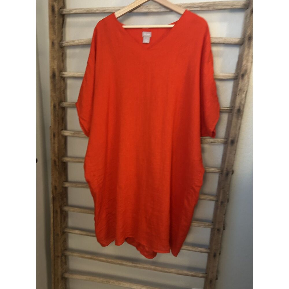 Chico's Size 3 US XL Orange Red V Neck Tunic Dress Oversized Shift Midi
